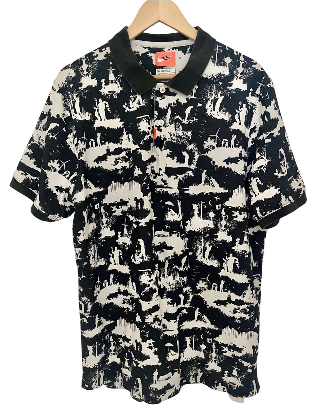 Nike The Nike Polo Mens Size L Black White Golf Toile Print Dri-Fit AV5244-045